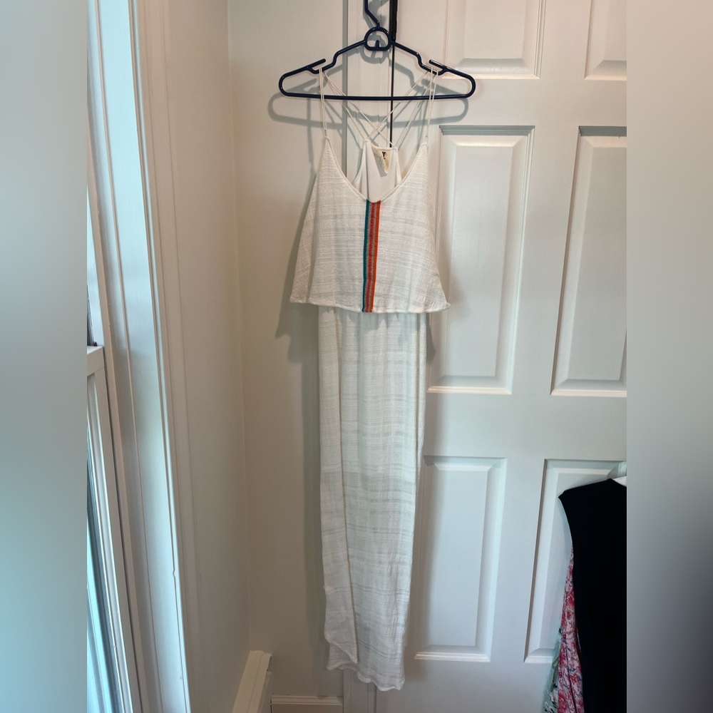 PQLA White Strappy Maxi Dress with Colored Stripe. Size: Small